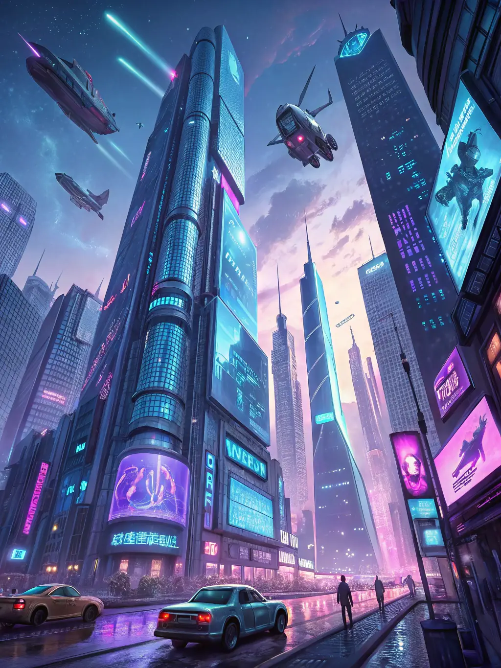 A still from a VFX project showcasing complex compositing and photorealistic integration, with spaceships and futuristic cityscapes blended seamlessly.