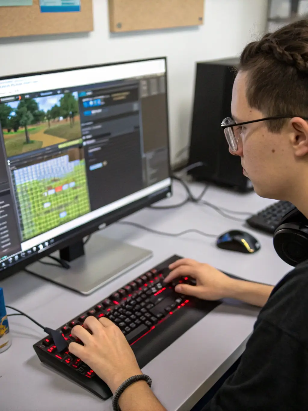 A dynamic graphic showcasing various digital assets being created and manipulated within Unreal Engine, emphasizing the hands-on learning approach at CreativeBuddy Academy.