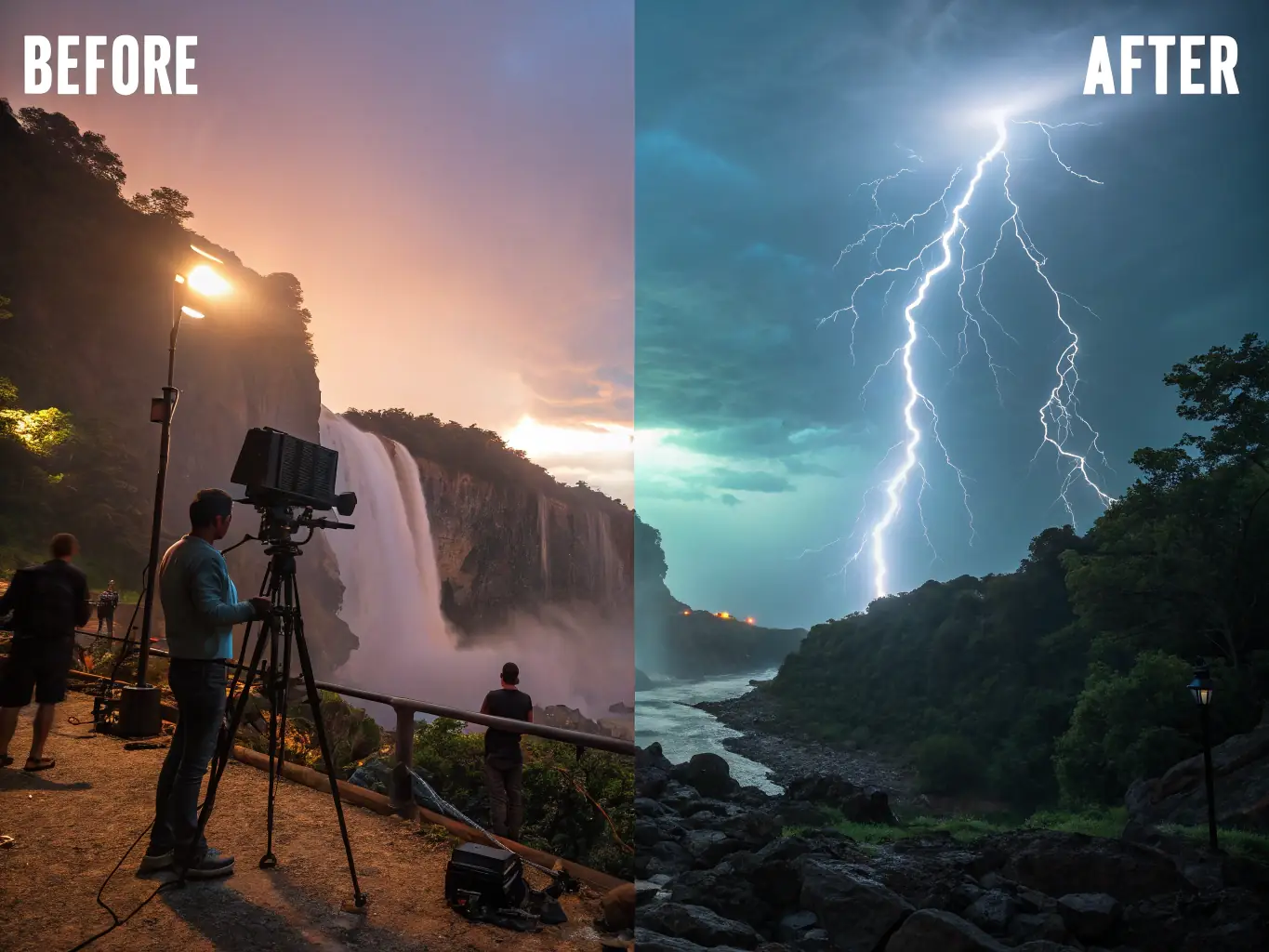 A high-resolution image showcasing a before-and-after comparison of a VFX compositing project. The 'before' side shows raw footage with visible imperfections, while the 'after' side displays the polished, final composite with seamless integration of visual elements.