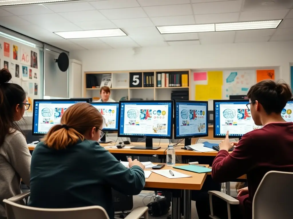 An image of a student working on a motion graphics project in After Effects, with dynamic animations and visual elements displayed on the screen. The setting is a modern, collaborative learning environment.