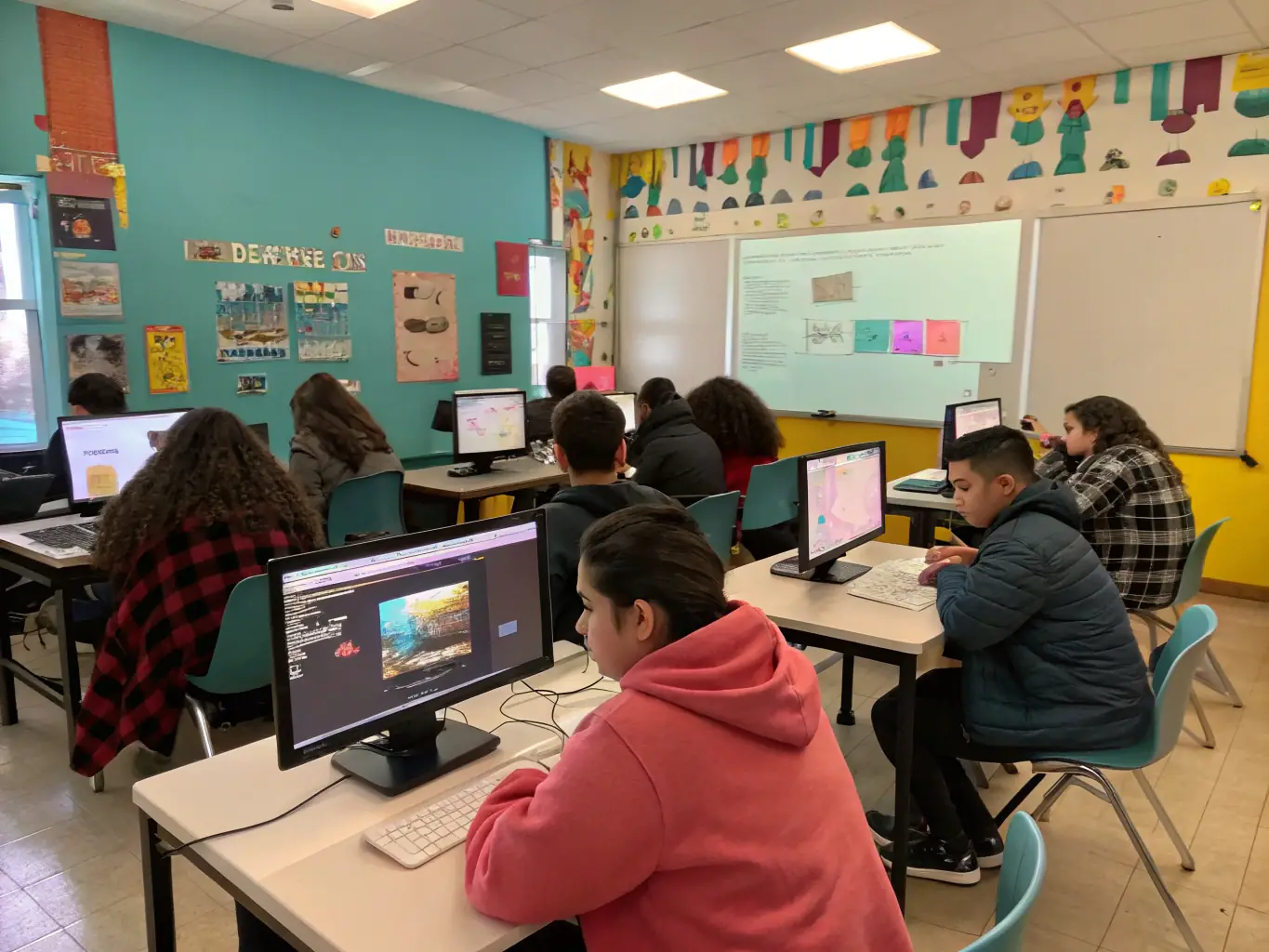 A vibrant image showcasing students collaborating on a digital design project, using industry-standard software in a modern classroom setting. The atmosphere is energetic and collaborative, reflecting the creative freedom offered at CreativeBuddy Academy.