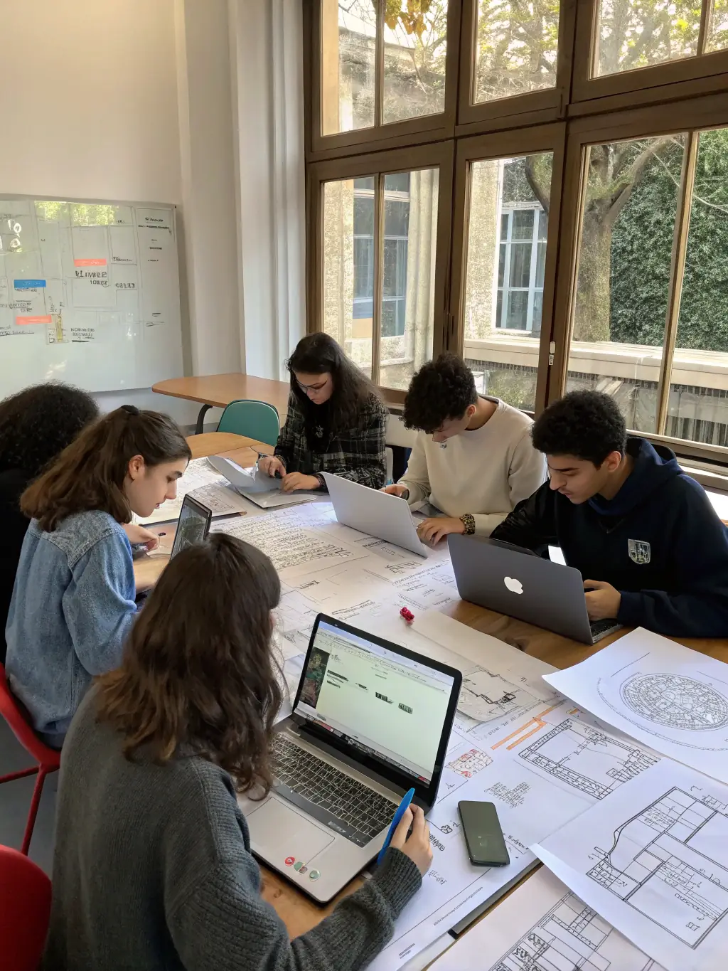 A vibrant image of students collaborating on an AI-assisted design project, highlighting the collaborative and innovative learning environment at CreativeBuddy Academy.
