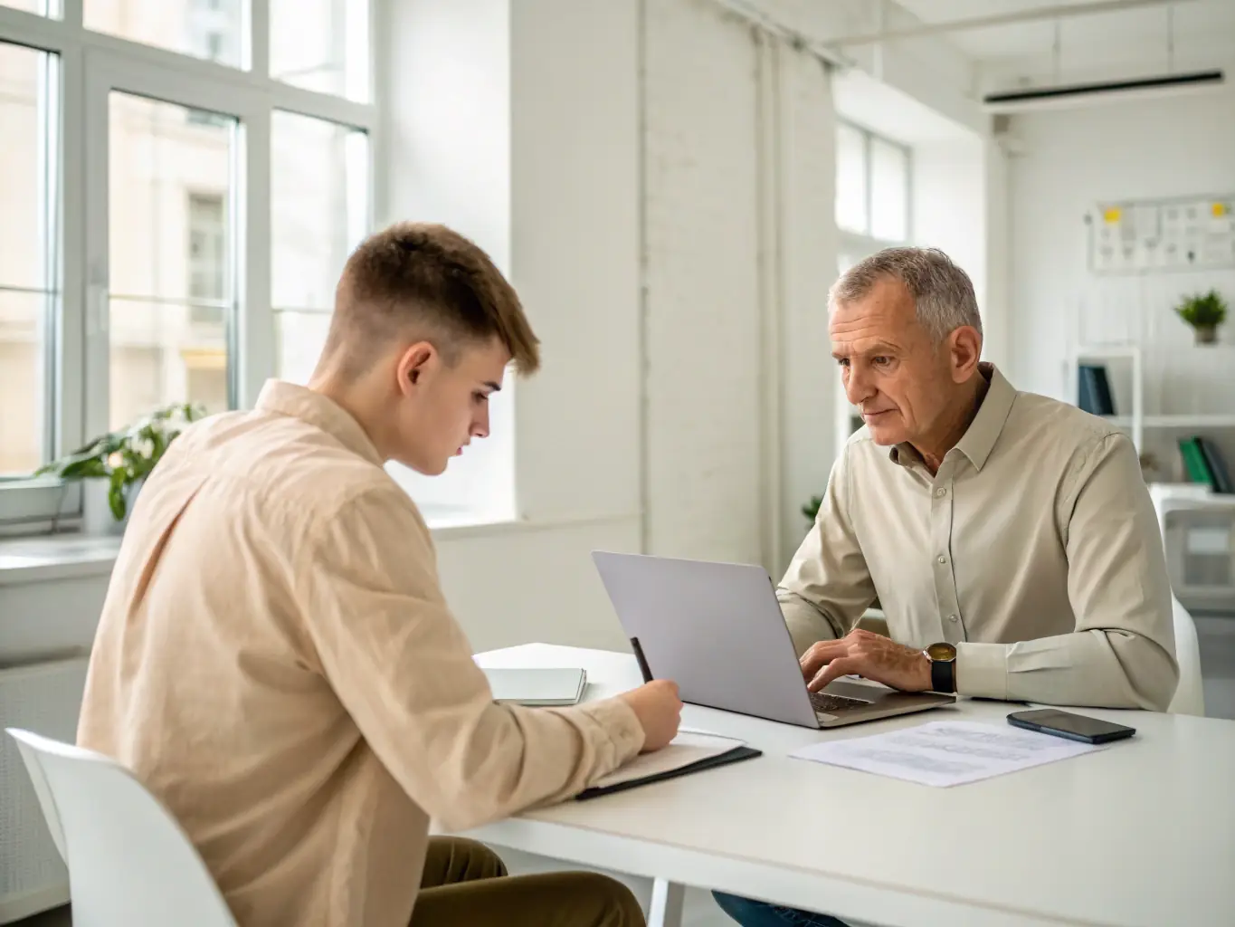 A professional image of a Buddy4All team member mentoring a CreativeBuddy Academy intern, working together on a real client project. The mentor is providing guidance and feedback, while the intern is actively contributing to the project.