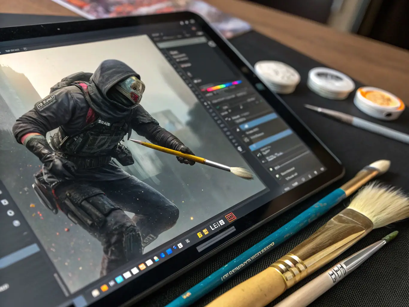 An image depicting a meticulous paint and prep process, showing a technician carefully removing unwanted elements from a film frame using digital tools. The image should emphasize the precision and attention to detail involved.