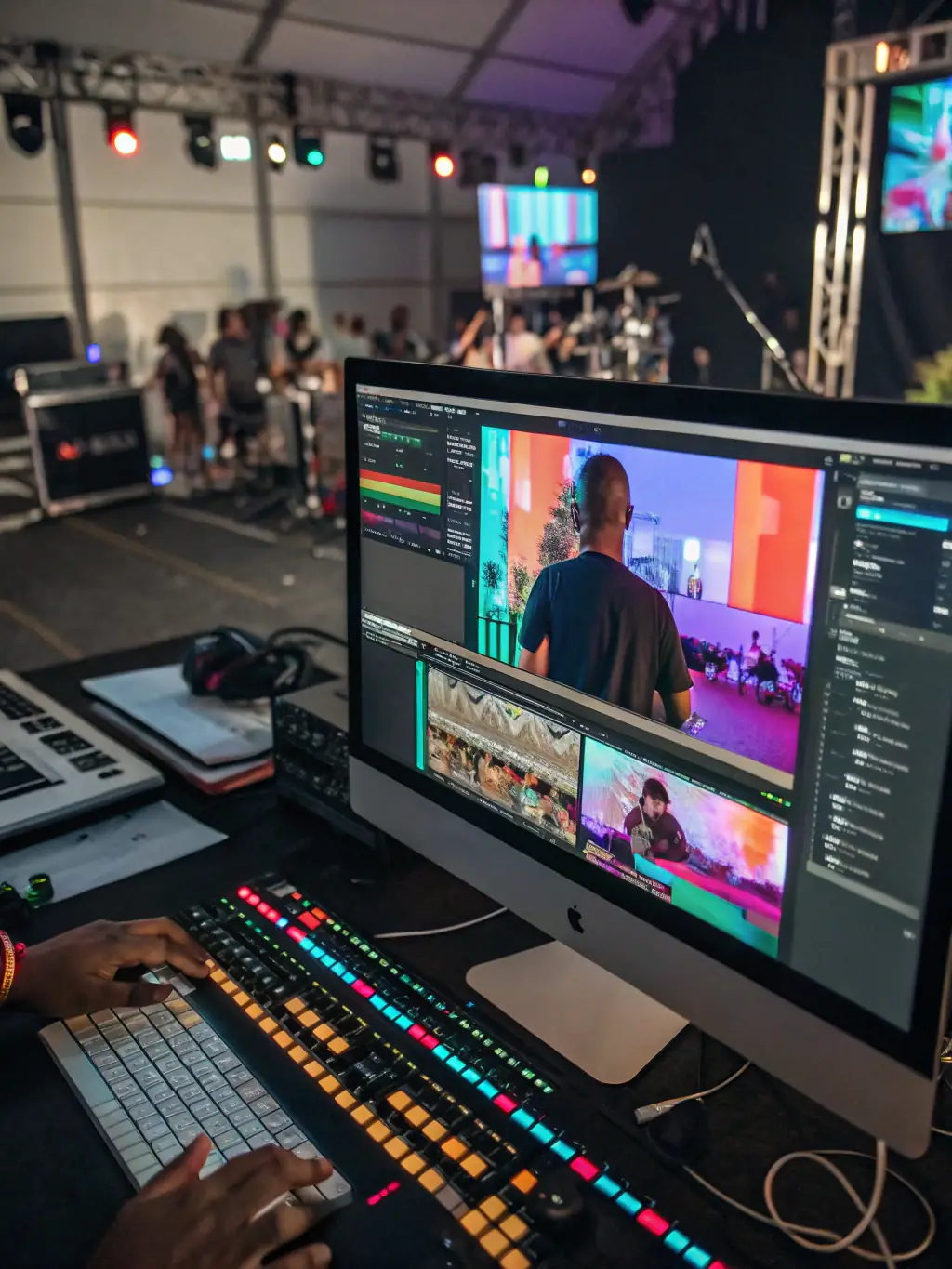 A dynamic shot from a video editing project, featuring fast cuts, motion graphics, and vibrant colors, highlighting the energy and impact of the edit.