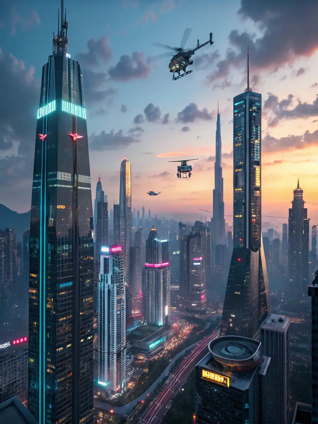 A digital illustration of a futuristic cityscape with flying vehicles and holographic displays, representing the potential of Unreal Engine in creating immersive environments, for the CreativeBuddy Academy website.