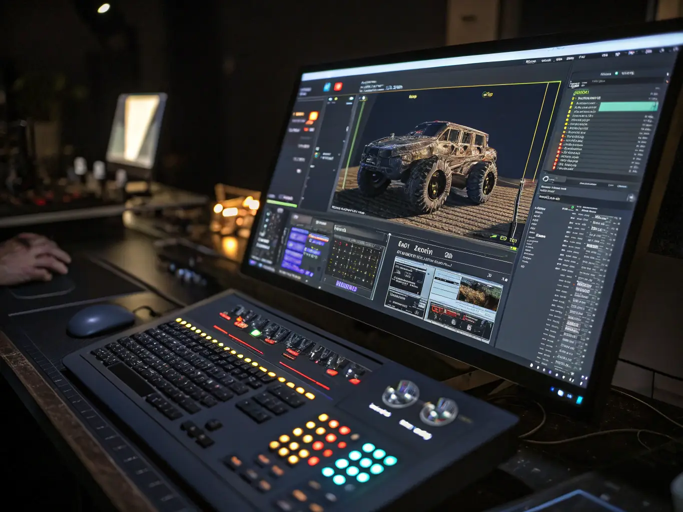 A visually striking image of a complex 3D scene being composited, with various layers and elements visible in the compositing software interface. The image should convey the technical skill and artistry involved in 3D compositing.
