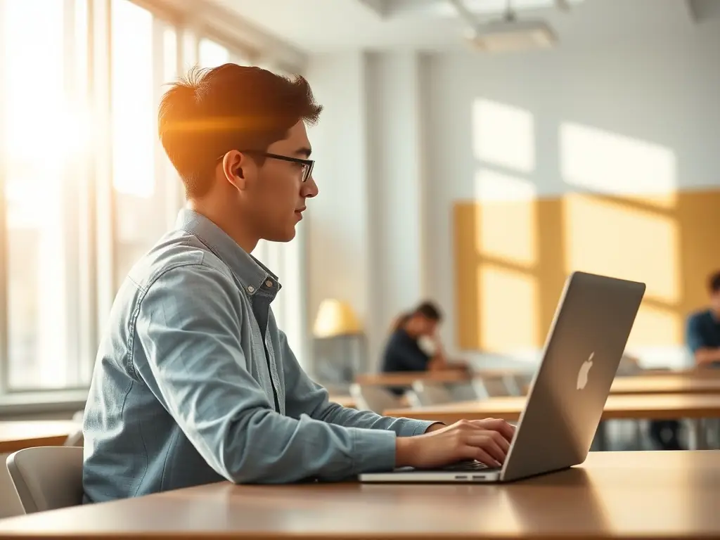A vibrant image showcasing a student using Nuke software, with a focus on compositing visual effects. The student is smiling and engaged, with the software interface clearly visible in the background.