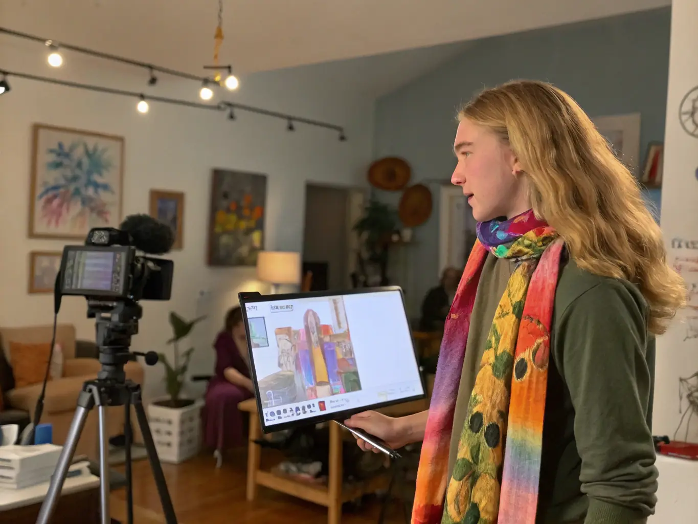 An inspiring image of a student presenting their digital artwork with pride, showcasing the creative freedom and self-expression encouraged at CreativeBuddy Academy. The student is smiling and confident, surrounded by supportive peers and instructors.