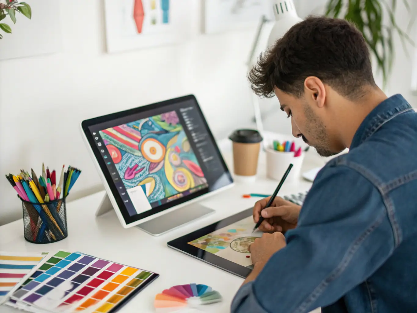 A student creatively using Photoshop for digital painting and photo manipulation, with a focus on vibrant colors and artistic expression. The image should convey a sense of creativity and skill development.