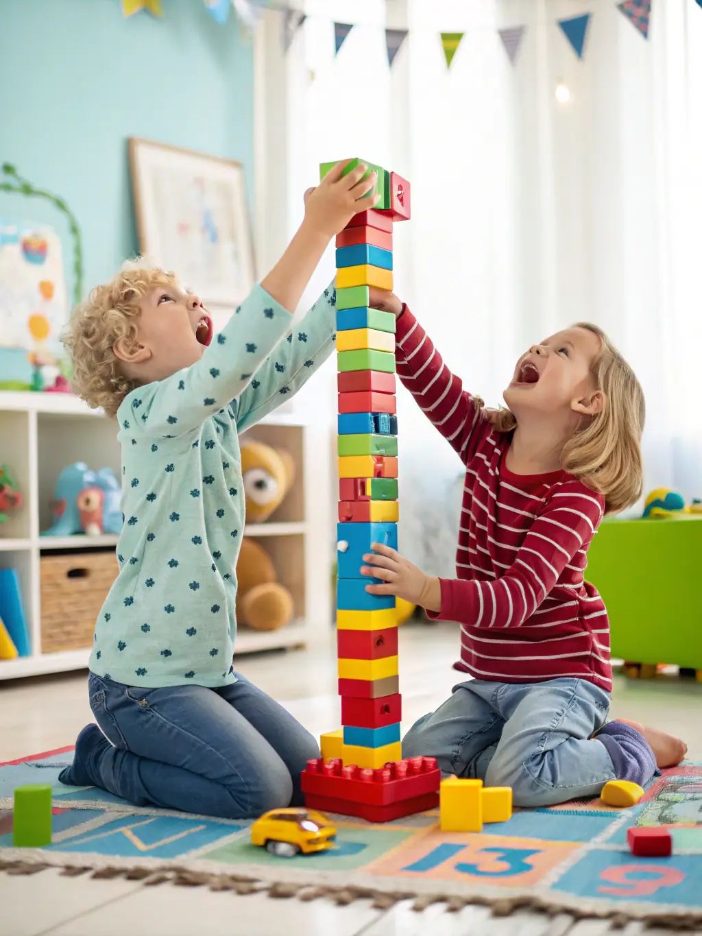 A vibrant image of a small group of children laughing and engaged in a math game with colorful blocks, showcasing the fun and interactive learning environment at Smart Buddy.