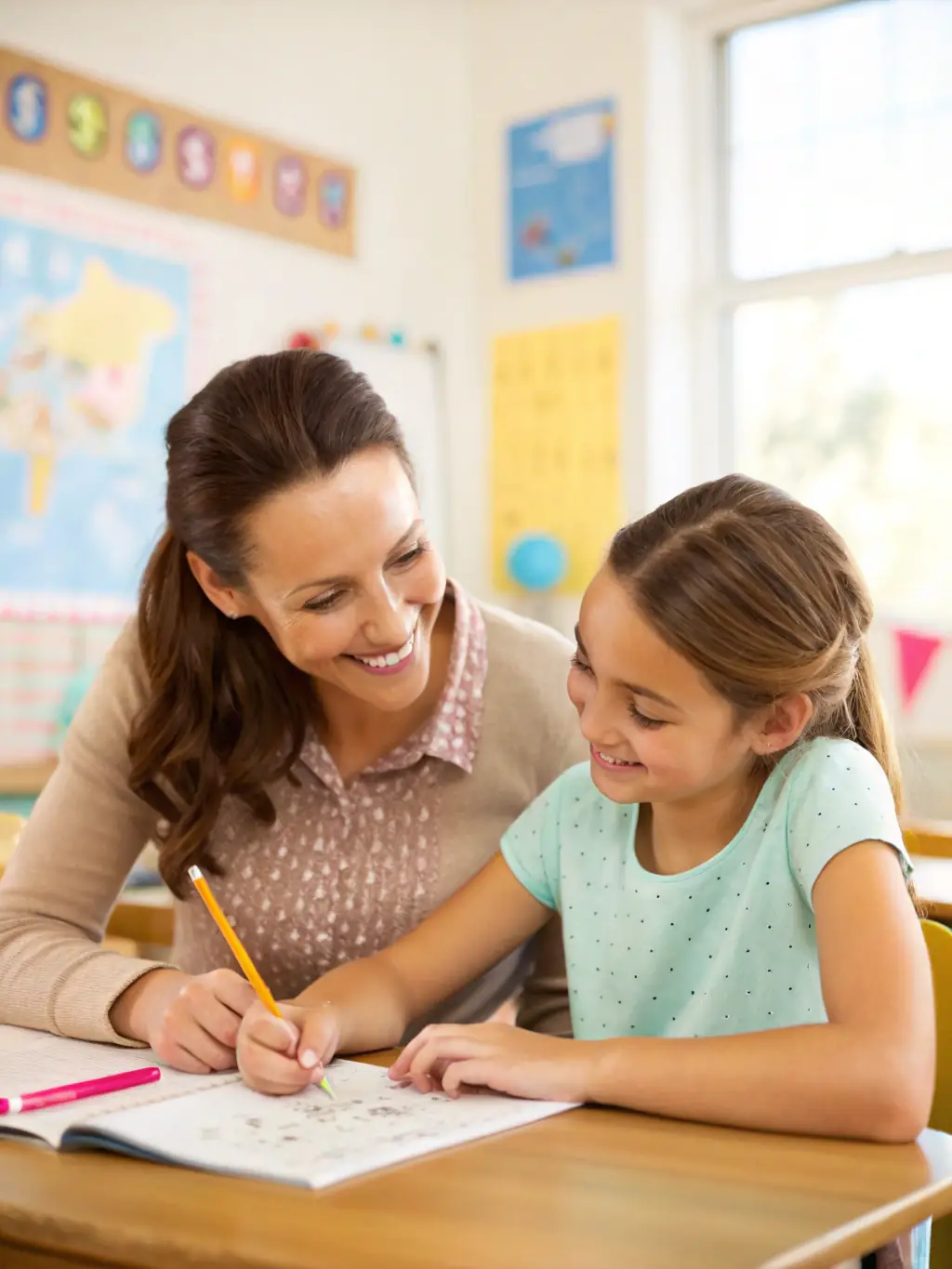 A close-up shot of a teacher giving personalized attention to a student working on an English assignment, emphasizing the one-on-one support provided at Smart Buddy.