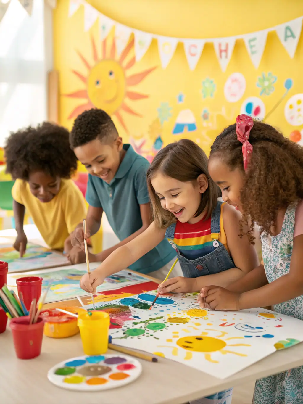 A creative image of children working together on a project, showcasing the encouragement of curiosity, creativity, and critical thinking at Smart Buddy.